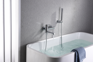 Chrome Single Lever Shower Set Modern Design, in a bathroom setting