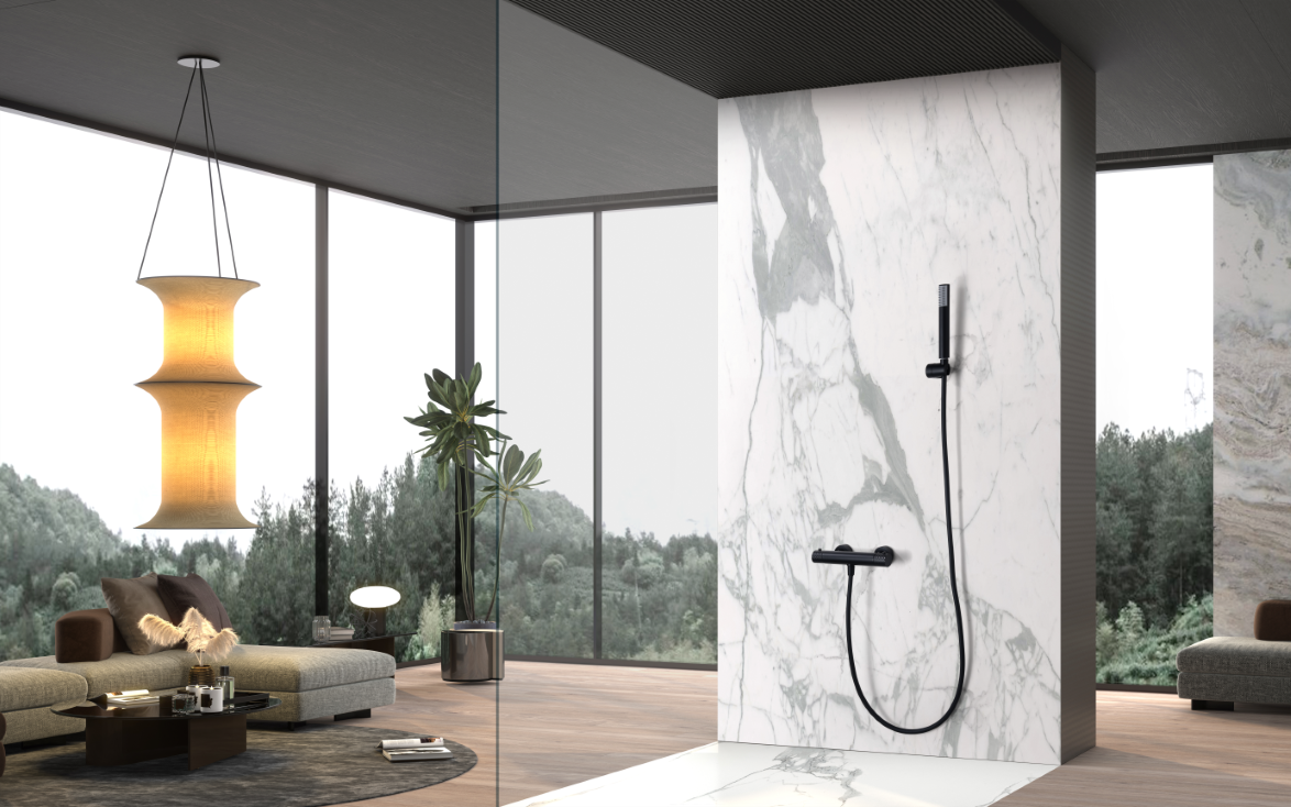 Matte Black Thermostatic Shower Kit Genova Series, in a bathroom setting