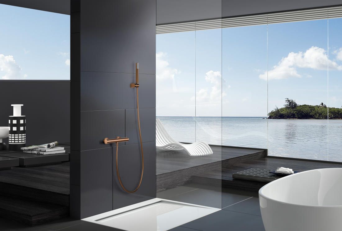 Genova Thermostatic Shower Kit Brushed Rose Gold, in a bathroom setting
