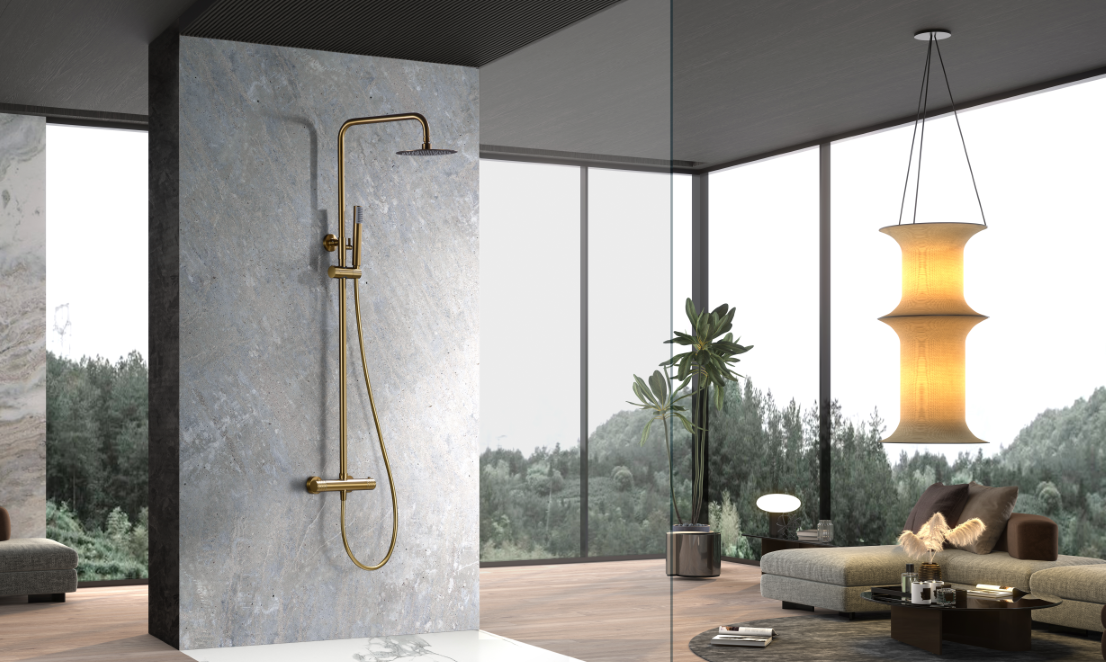Genova Brushed Gold Thermostatic Shower Set, in a bathroom setting