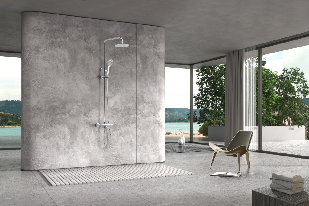 Chrome Thermostatic Shower Set with 20cm Round Head, in a bathroom setting