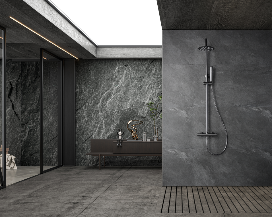 Black Gun Metal Thermostatic Shower Set, in a bathroom setting
