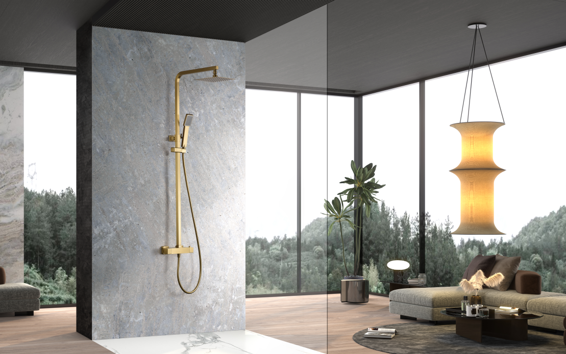 Vigo Thermostatic Shower Brushed Gold Vigo Series, in a bathroom setting