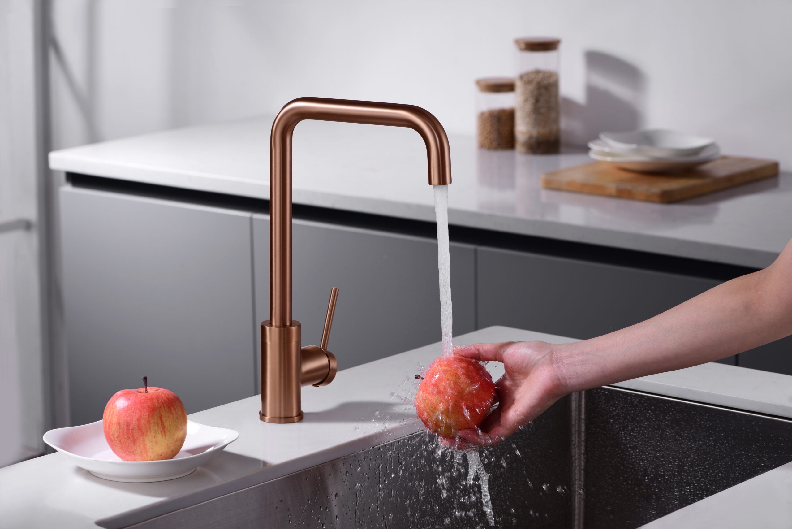 Brushed Rose Gold Kitchen Faucet Modern Design, view 4