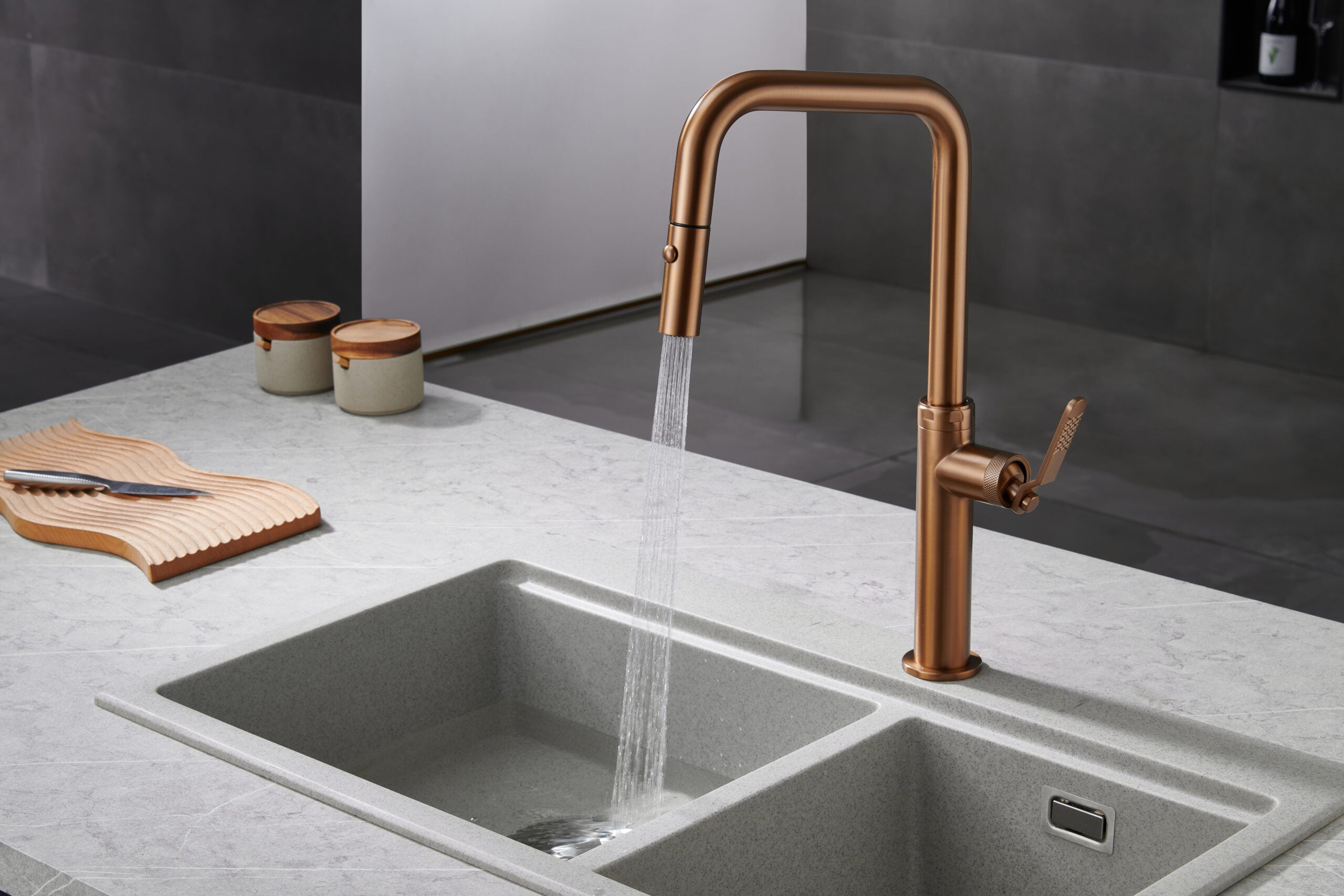 Brushed Rose Gold Kitchen Faucet Modern Design, view 3