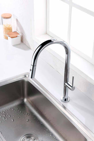 Samoa Chrome Kitchen Faucet Modern Minimalist Design, in a bathroom setting