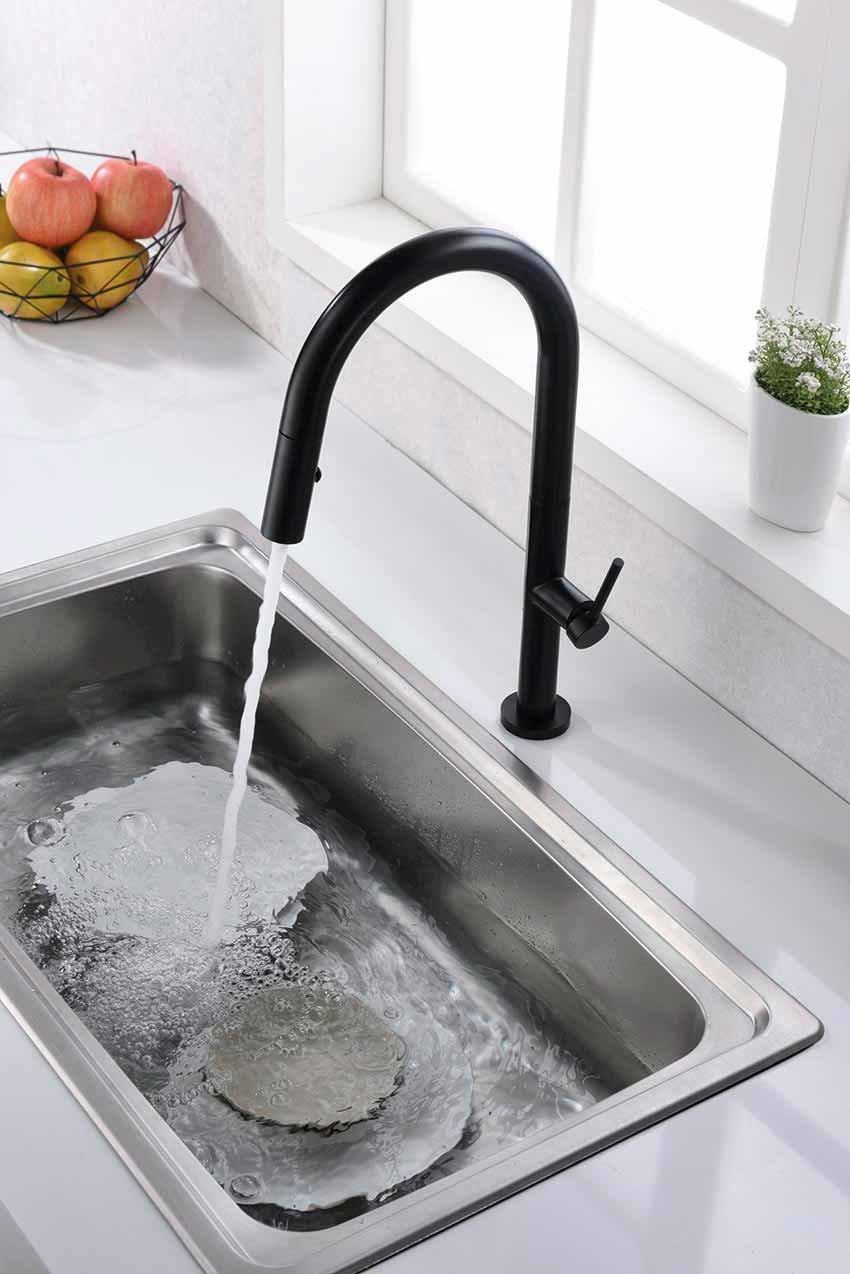Samoa Matte Black Kitchen Faucet Modern Design, in a bathroom setting