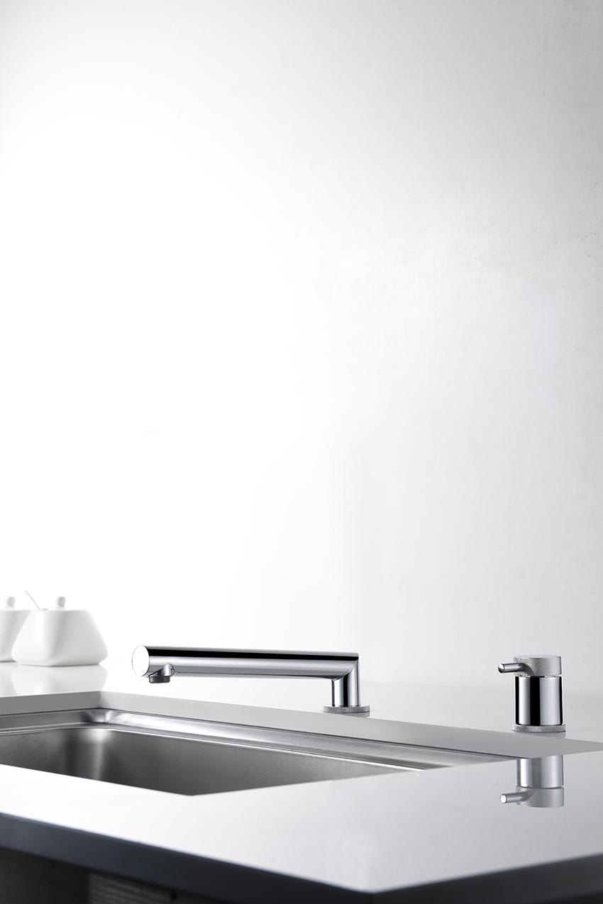 Itaca Chrome Kitchen Faucet Modern Design, in a bathroom setting