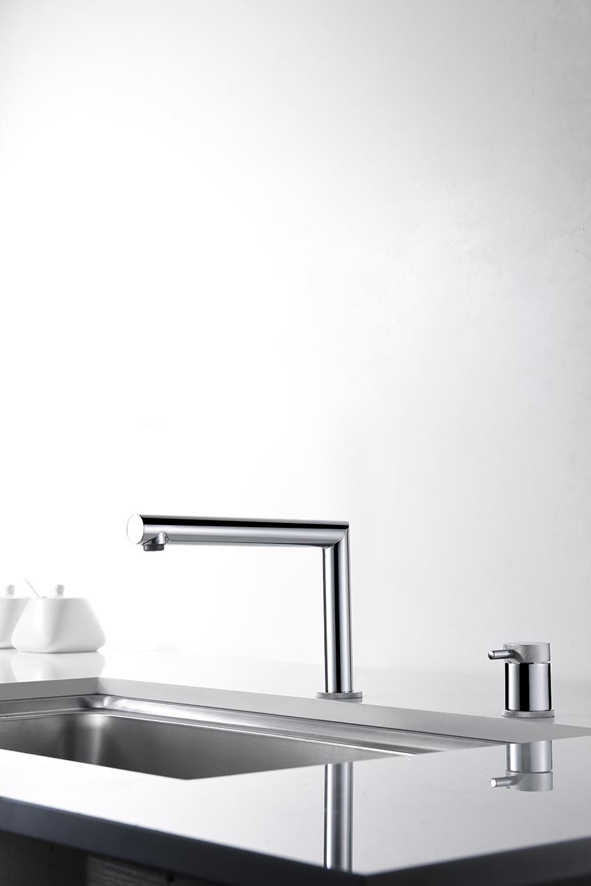 Itaca Chrome Kitchen Faucet Modern Design, in a bathroom setting