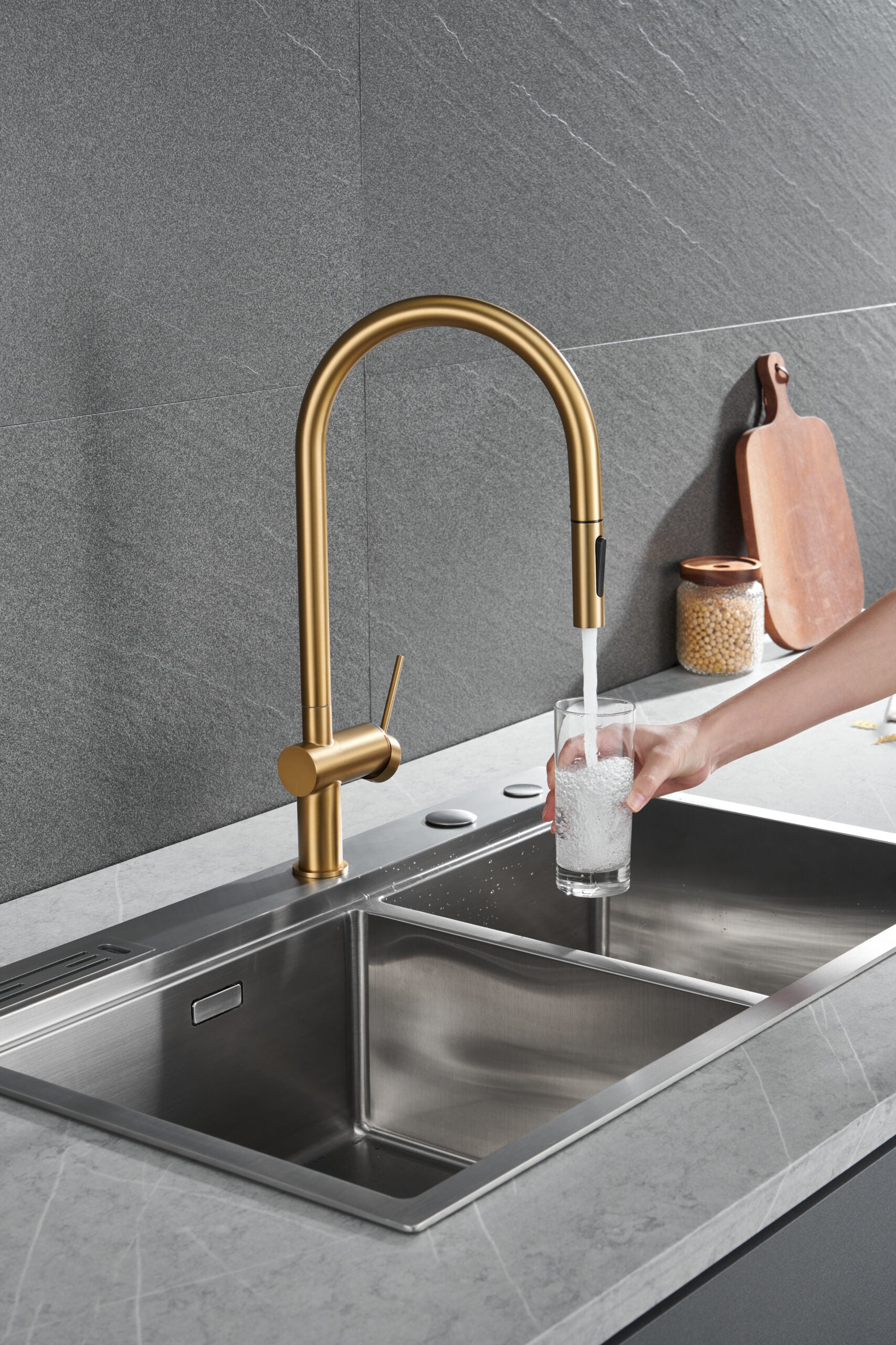 Berna Brushed Gold Kitchen Faucet Modern Design, view 4