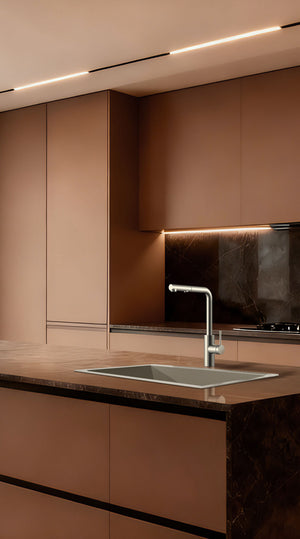 Oporto Stainless Steel Kitchen Mixer Tap, in a bathroom setting