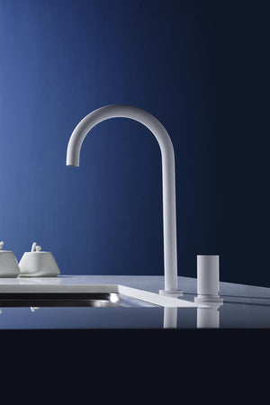 Matte White Modern Kitchen Faucet, in a bathroom setting