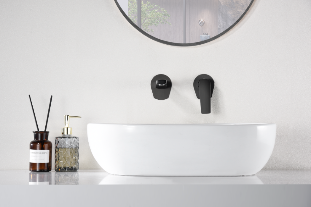 Matte Black Built-in Sink Mixer Faucet Modern Design, in a bathroom setting