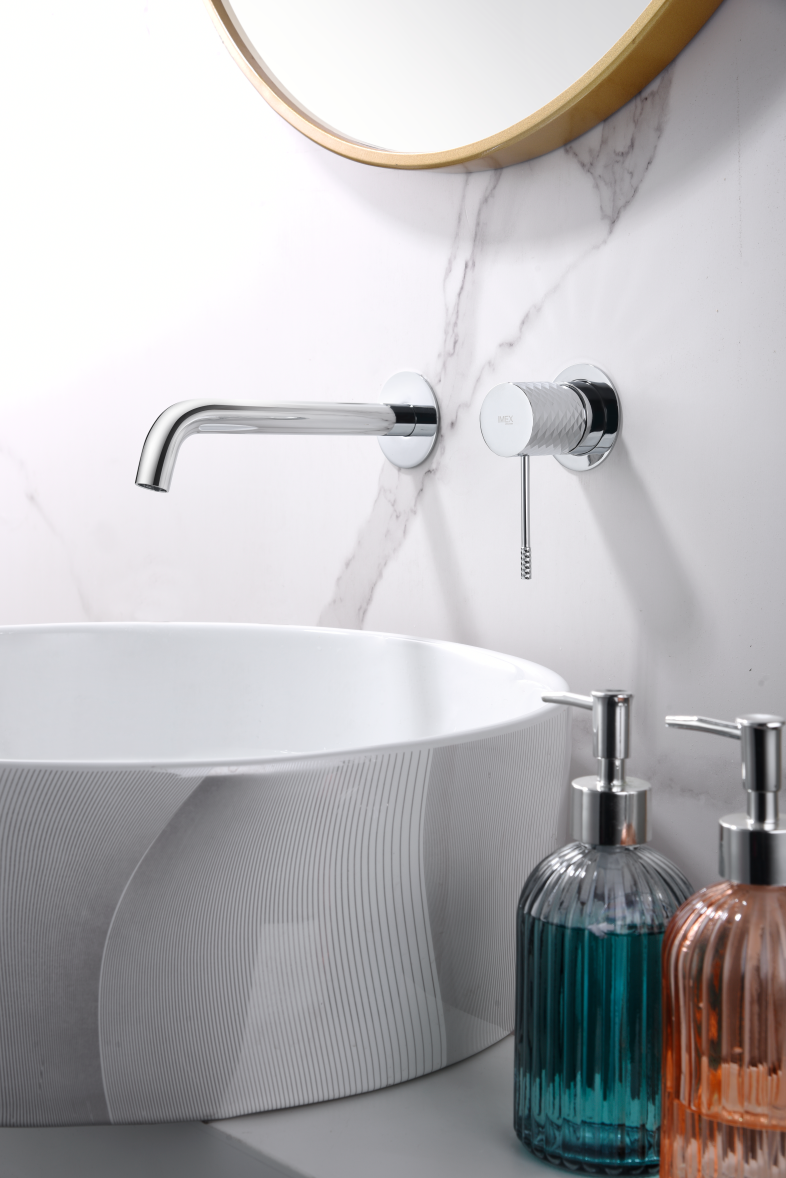 Chrome Basin Mixer Faucet Single Lever Control, in a bathroom setting