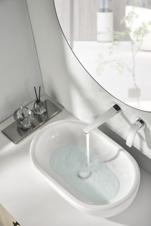 Chrome Single-Handle Bathroom Sink Faucet Modern Design, in a bathroom setting