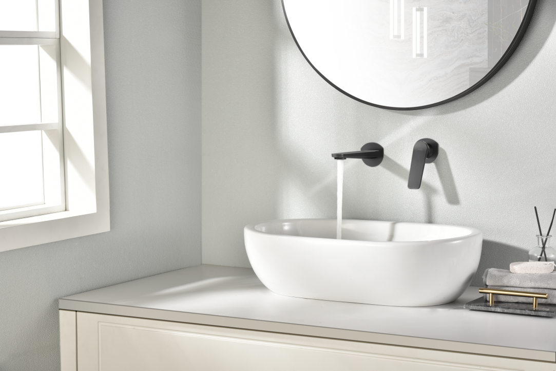 Matte Black Built-in Sink Mixer Faucet Modern Design, in a bathroom setting