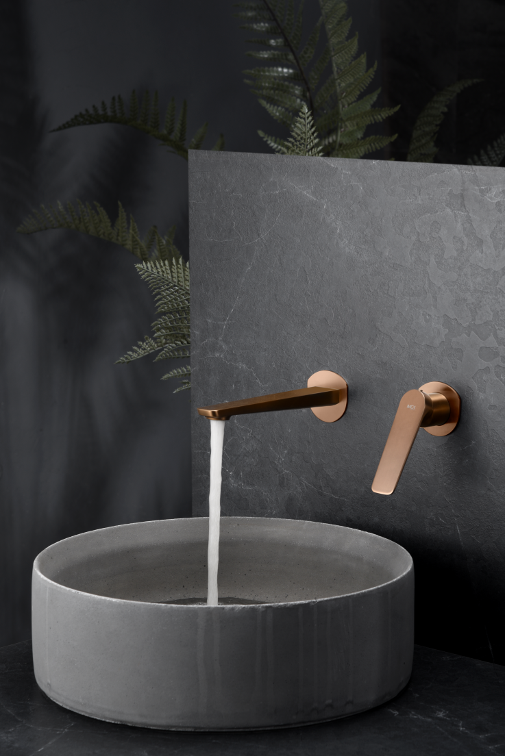 Brushed Rose Gold Bathroom Sink Mixer Faucet, in a bathroom setting