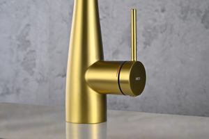 Brushed Gold Kitchen Faucet with Osmosis Water Filter, handle detail