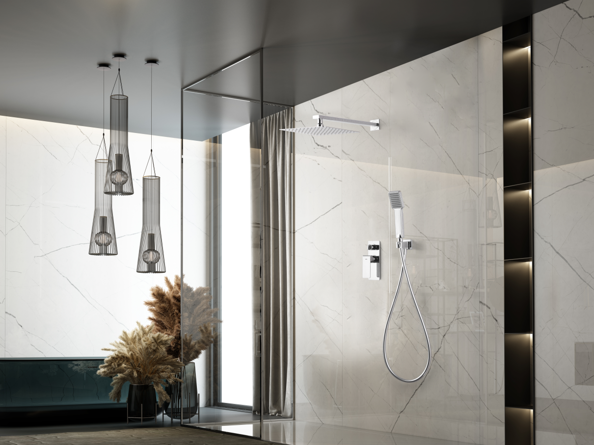Chrome Single Lever Built-In Shower Set Fiji, in a bathroom setting