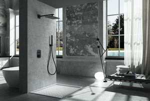 Matte Black Thermostatic Shower Set Built-in, in a bathroom setting