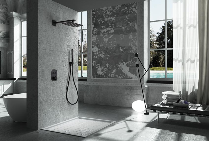 Matte Black Thermostatic Shower Set Built-in, in a bathroom setting