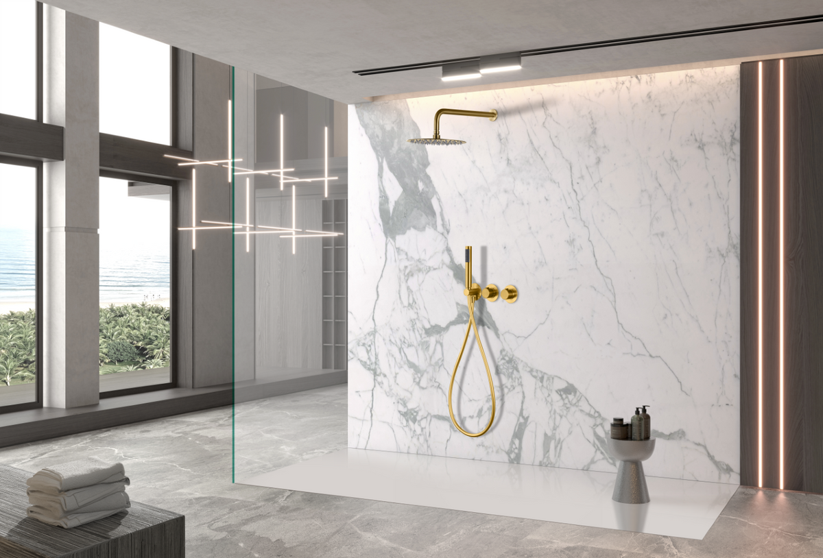 Brushed Gold Thermostatic Shower Set Built-in, in a bathroom setting