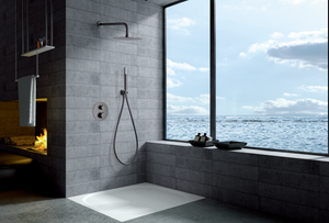 Black Gun Metal Thermostatic Shower Set Built-in, in a bathroom setting