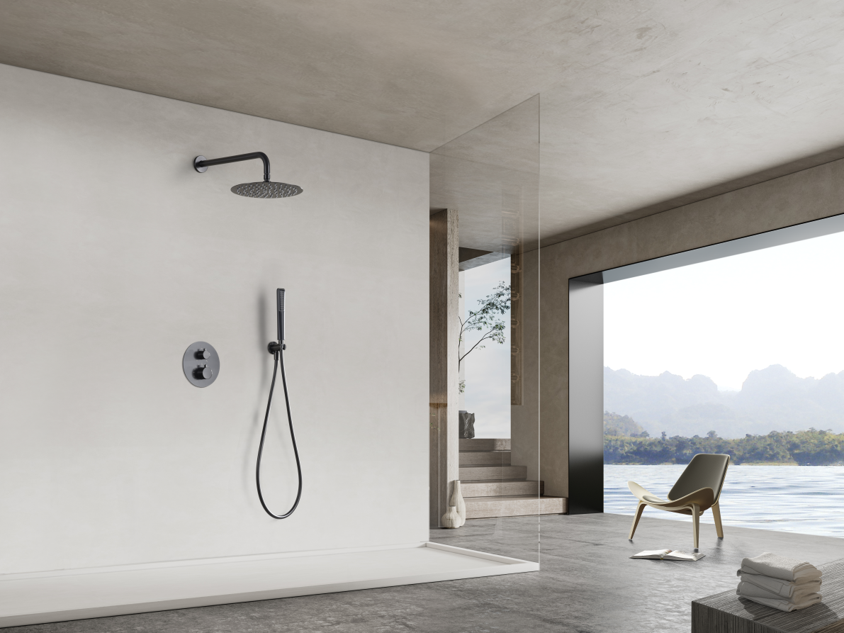 Black Gun Metal Built-in Thermostatic Shower Set, in a bathroom setting
