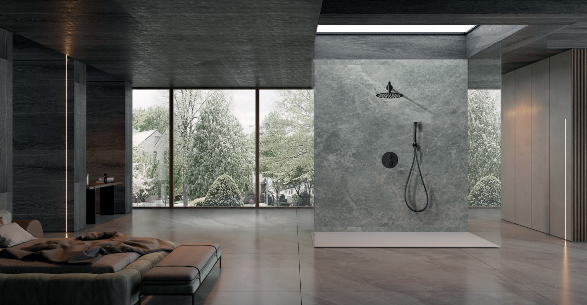 Matte Black Built-in Thermostatic Shower Set, in a bathroom setting