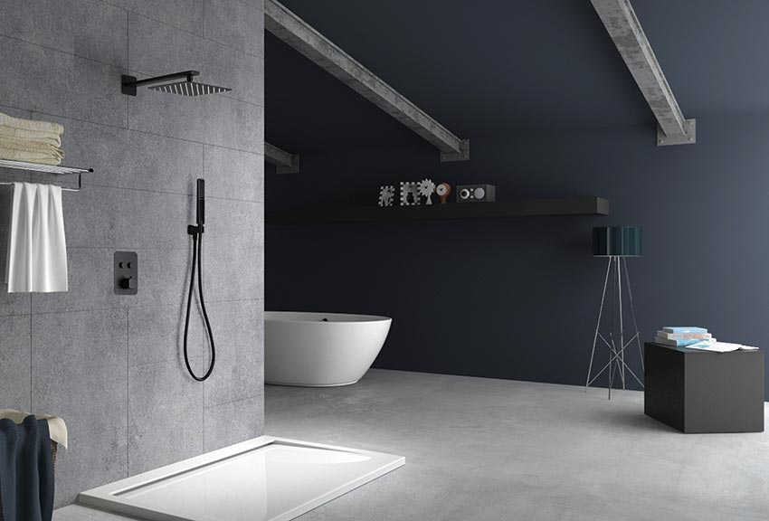 Matte Black Thermostatic Built-In Shower Set, in a bathroom setting