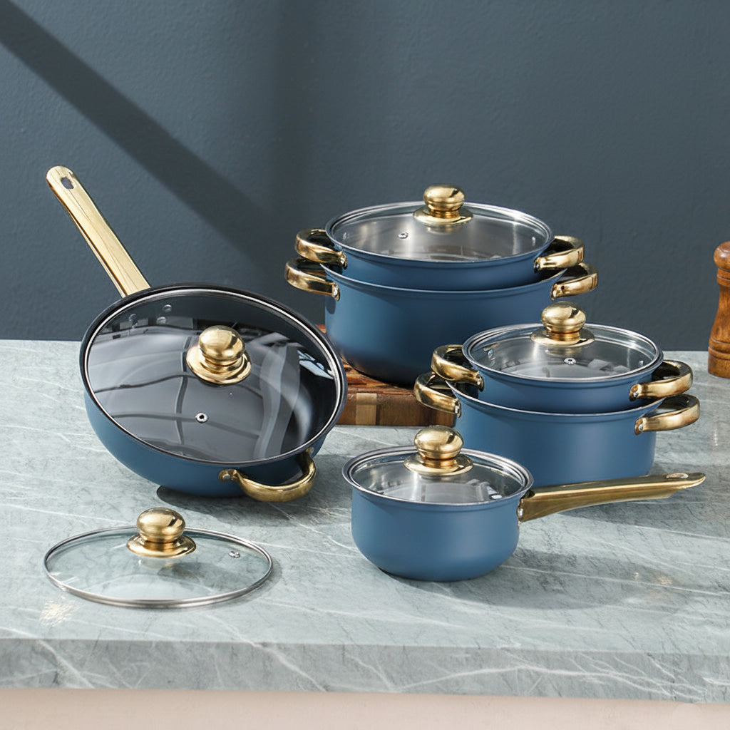 12 Piece Stainless Steel Glass Lid Non Stick Cookware Set