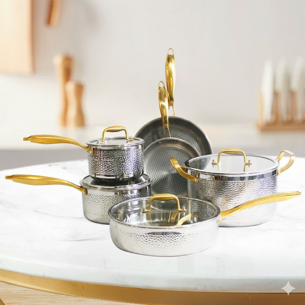 Three Layer Steel Hammered Non Stick Uncoated Cookware Set