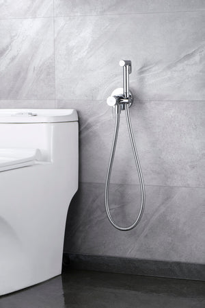 Chrome Built-in Bidet Faucet Modern Minimalist Design, in a bathroom setting