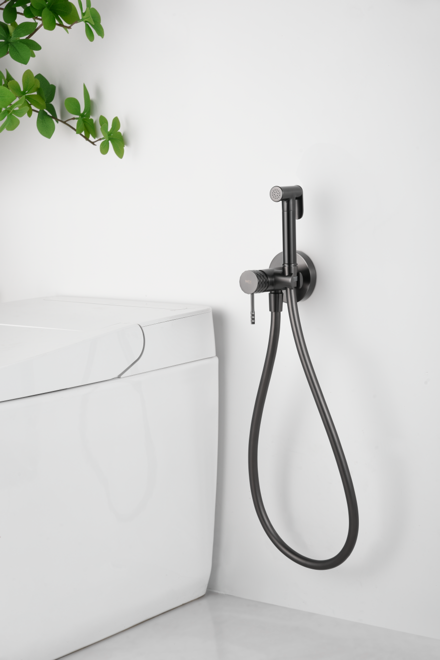 Black Gun Metal Built-in Bidet Faucet Modern Design, in a bathroom setting
