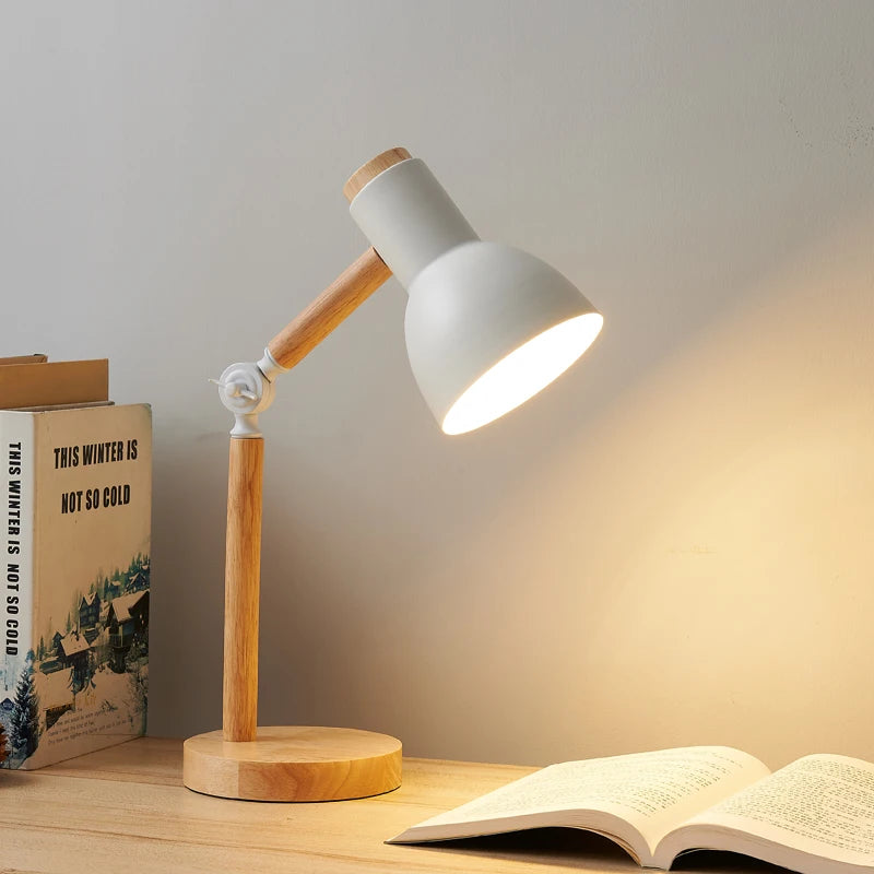 Wooden LED Turn Head Bedside Desk Reading Study Lamp