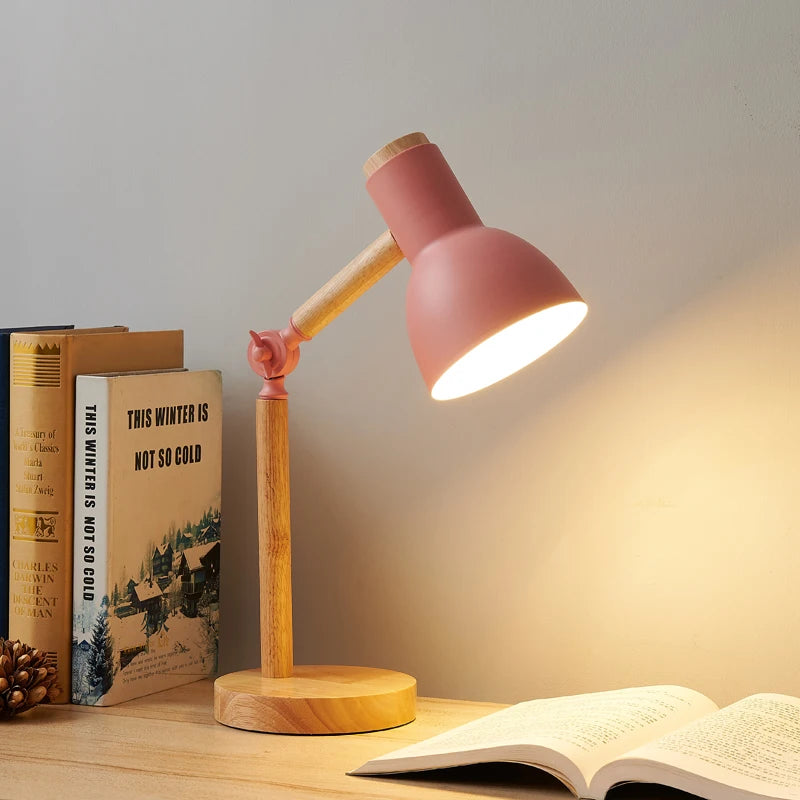 Wooden LED Turn Head Bedside Desk Reading Study Lamp