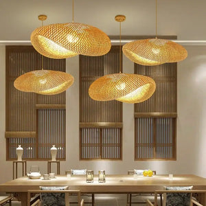 Bamboo Chandelier Pendant Lamp Hanging Wood Ceiling Light - Big Round / White light - Ceiling Lamp
