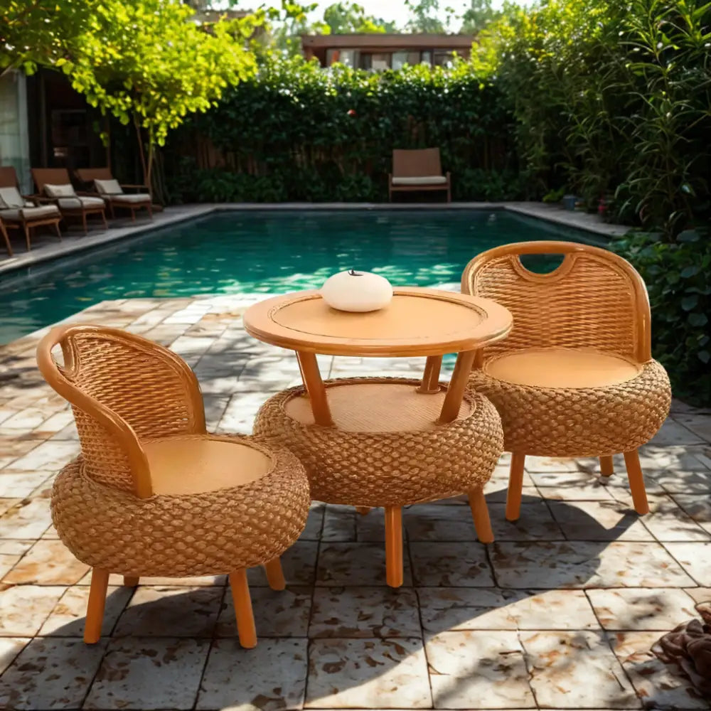 Bamboo rattan 2-person outdoor patio set with natural woven chairs and table for balcony