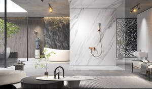 Brushed Rose Gold Single Handle Shower Kit, in a bathroom setting