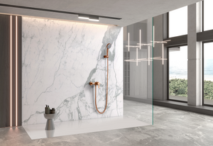 Roma Brushed Rose Gold Single Handle Shower Kit, in a bathroom setting