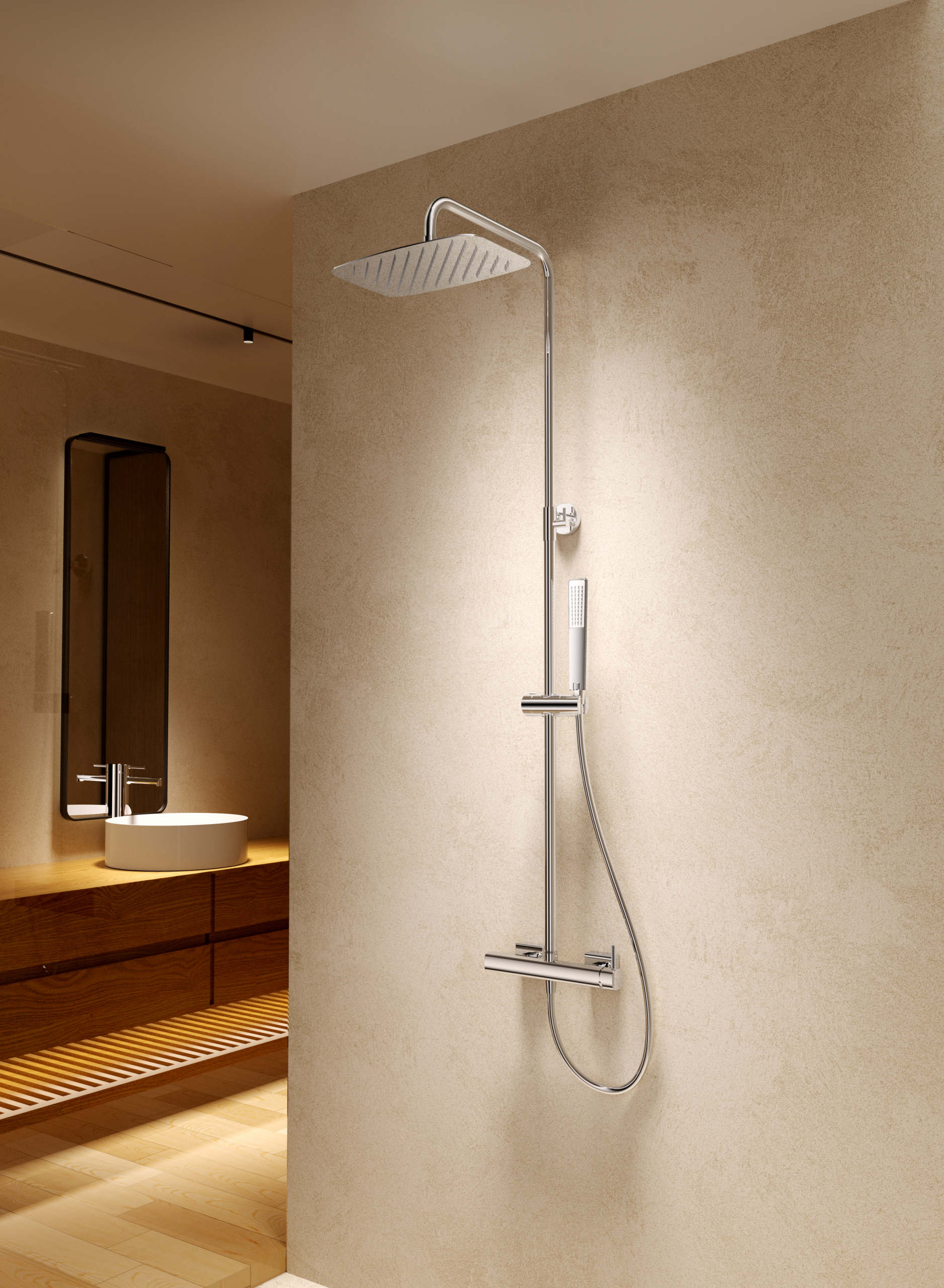 Toscana Brushed Rose Gold Single Lever Shower Set, in a bathroom setting