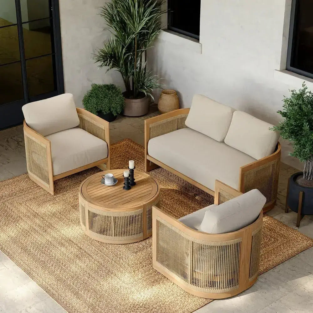 Beige Teak Hand Woven Rope Outdoor Sofa Set