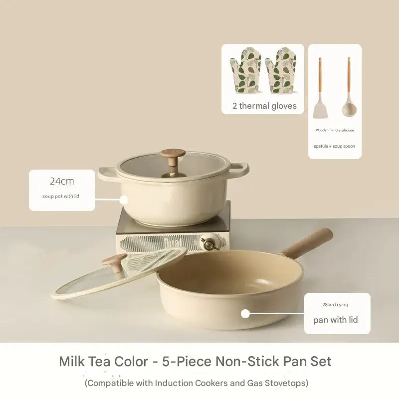 8 Piece Ceramic Non Stick Cookware Pot Pan Set - Tea color non-stick pan 5-piece set - Cookware set