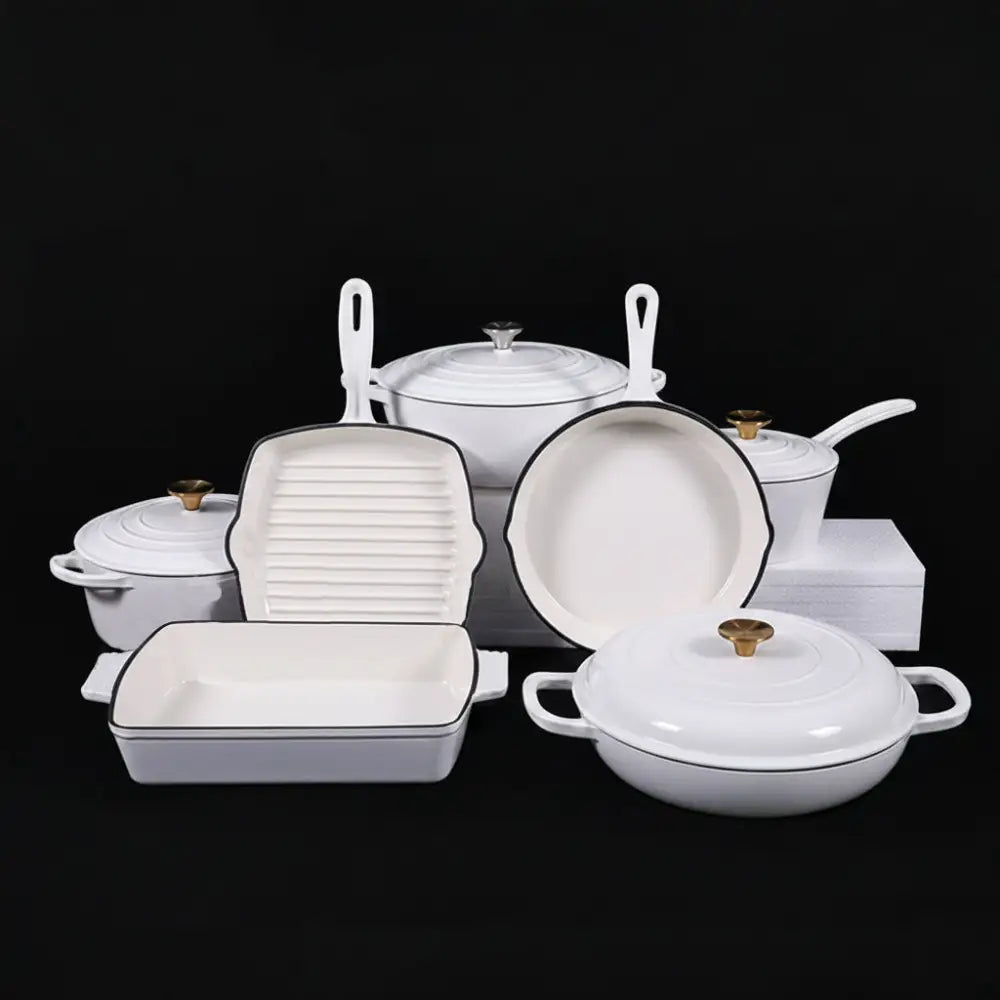 Cast Iron Non stick Pan Pot Casserole - 7-Piece Set / White - Cookware set