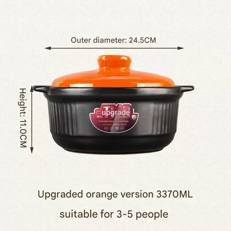 Ceramic Casserole Large Capacity Stone Stew Pot - 3370ml - black and orange cover - Cookware set
