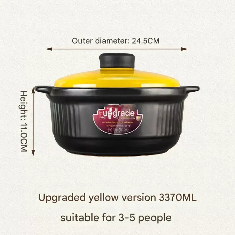 Ceramic Casserole Large Capacity Stone Stew Pot - 3370ml - black and yellow [silicone top] - Cookware set