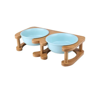 Pet Feeding Bowl With Wood Stand - Blue Double Bowls / 600ml - Feeding Bowl
