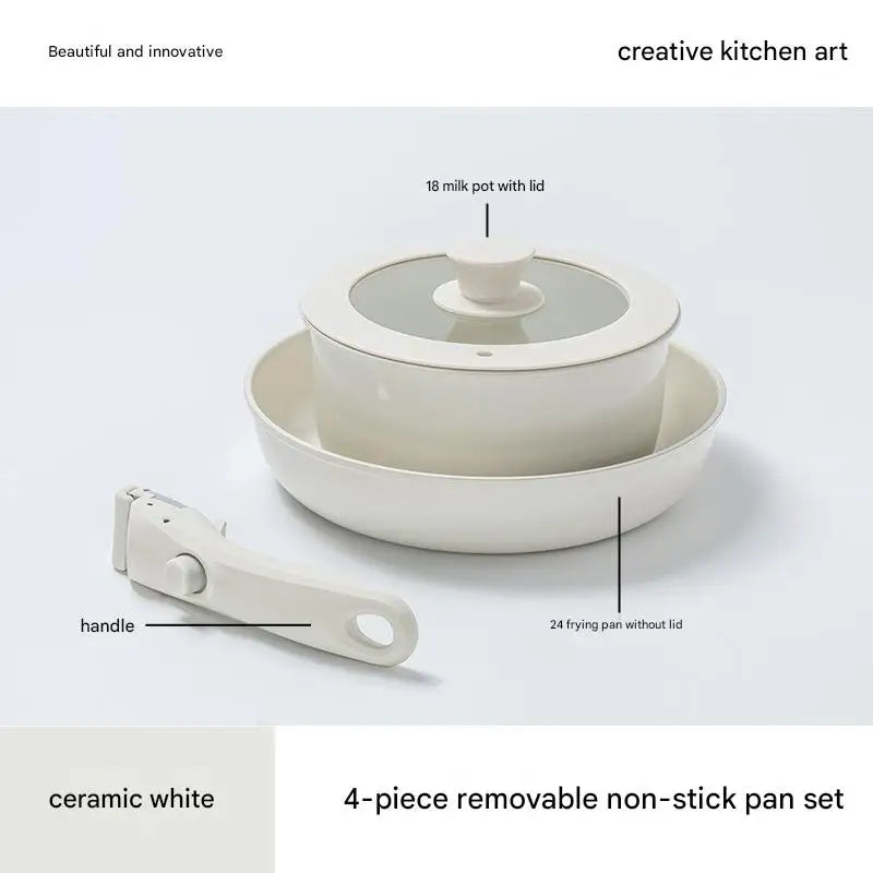 Ceramic Removable Non Stick Cookware Handle Frying Pot Set - 4 pieces - 24 frying pan without lid + 18 milk pot