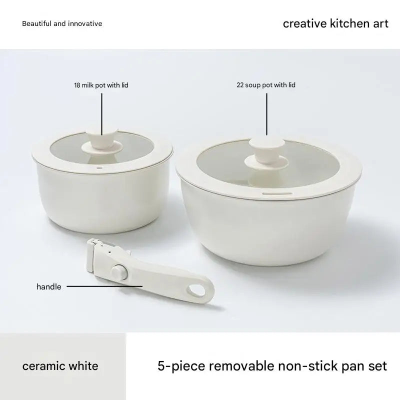Ceramic Removable Non Stick Cookware Handle Frying Pot Set - 5 pieces - 18 milk pot with lid + 22 soup pot with lid