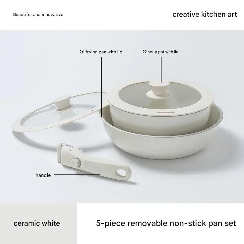 Ceramic Removable Non Stick Cookware Handle Frying Pot Set - 6 pieces - 26 frying pan with lid + 24 frying pan without